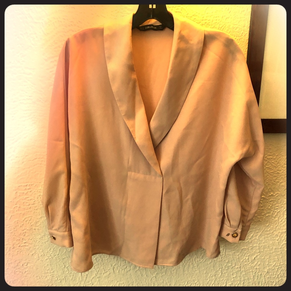 Zara Nude Front Placket Blouse Brass Buttons XS